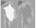 Etendue de la surface de fonte sur la calotte glaciaire du Groenland le 8 juillet (à gauche) et le 12 juillet (à droite). Le gris foncé représente la fonte des glaces, le gris clair une probable fonte des glaces et le blanc aucune fonte de glace. (Nicolo E. DiGirolamo, SSAI/NASA GSFC, and Jesse Allen, NASA Earth Observatory)