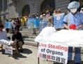 Des acteurs simulent les formes de torture utilisées contre les pratiquants de Falun Gong en Chine, tandis que des manifestants tiennent des panneaux lors d’une conférence de presse, organisée le 5 septembre au City Hall de San Francisco, en soutien de la Résolution 281 du Congrès. (Epoch Times)