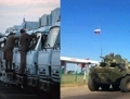 Pendant que le convoi humanitaire s'éternise à la frontière, les APC russes l'ont franchie. (Photo montage Tetyana Lokot)