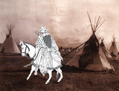 Une image de Zhang Guo Lao chevauchant son âne à l’envers avec, en fond d’image, un camp Navajo du début du siècle.
(Yeuan Fang/Epoch Times, Fond : Wikimedia Commons)