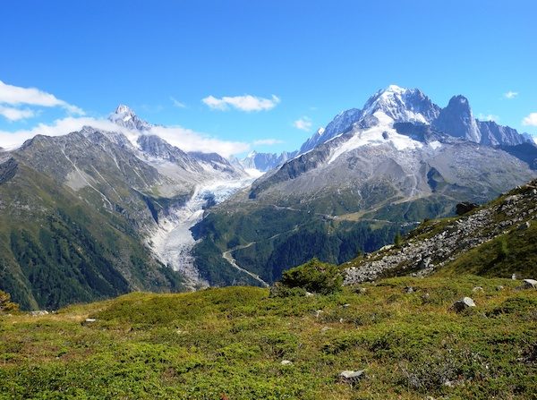 Le massif du Mont-Blanc abrite les glaciers les plus importants de France. Les plus connus, sur le versant nord, sont la Mer de Glace, le glacier d’Argentière, le glacier des Bossons, etc.  (Wikipédia)