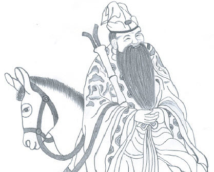 Zhang Guo Lao dépeint chevauchant son âne à l’envers.