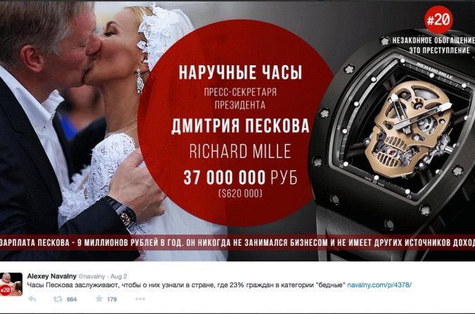 Un post Twitter sur le compte du leader de l'opposition russe Alexey Navalny montre la photographie d’une montre de luxe portée par le porte-parole de Vladimir Poutine, Dmitri Peskov. Navalny souligne que la montre aune valeur de plus de quatre fois le salaire officiel de Peskov. (Capture d'écran via Twitter)