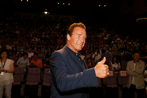 Arnold Schwarzenegger, Terminator en tournée à Shangaï, ce 19 août. (Photo by Kevin Lee/Getty Images for Paramount Pictures International)
