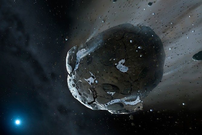 Vue d'artiste d'un astéroïde aqueux se dirigeant vers une étoile naine blanche. (ESA / Hubble, CC BY)