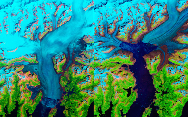 Le Glacier Columbia descend à travers les montagnes de Chugach dans le Prince William Sound en l’Alaska. Le glacier s’est aminci, photo prise l’une juillet 1986, l’autre juillet 2014. (NASA)