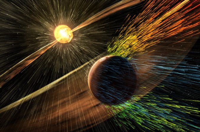 Vue d’artiste d’une tempête solaire frappant Mars et arrachant des ions de l’atmosphère supérieure de la planète. (NASA). 