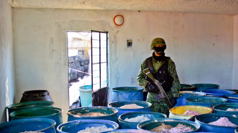 Un officier de police des stupéfiants, fait la garde dans un laboratoire clandestin de fabrication de la cocaïne, appartenant aux Forces armées révolutionnaires de Colombie (FARC) dans la ville de Puerto Concordia (Colombie), le 25 janvier 2011. (Guillermo Legaria/AFP/GettyImages)
