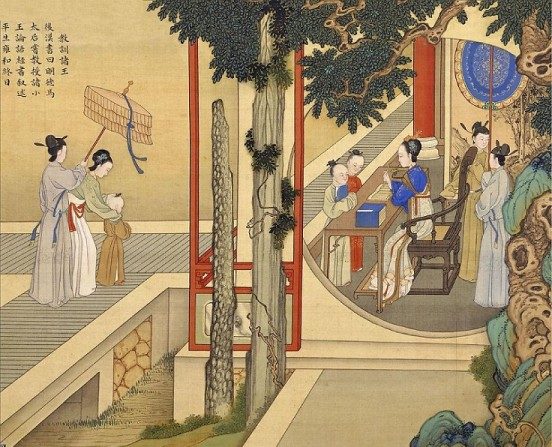 L'impératrice douairière Mingde de la dynastie Han instruisit la jeune princesse aux classiques confucéens dans cette scène tirée de « L'Album des impératrices vertueuses à travers les dynasties successives, » par le peintre Jiao Bingzhen de la dynastie Qing. (Domaine Public/Wikimedia Commons)