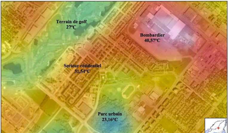 Les différences de température peuvent être très fortes, comme dans cet exemple dans l’arrondissement Saint-Laurent [Bande thermique Landsat-5 (27 juin 2005) superposée à Google Earth, 2006]. (Martin P. (2007))