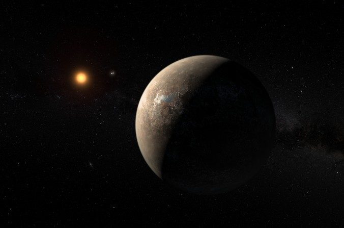 Une vue d’artiste de Proxima b orbitant autour de la naine rouge Proxima Centauri, l’étoile la plus proche du système solaire. (ESO/M. Kornmesser)
