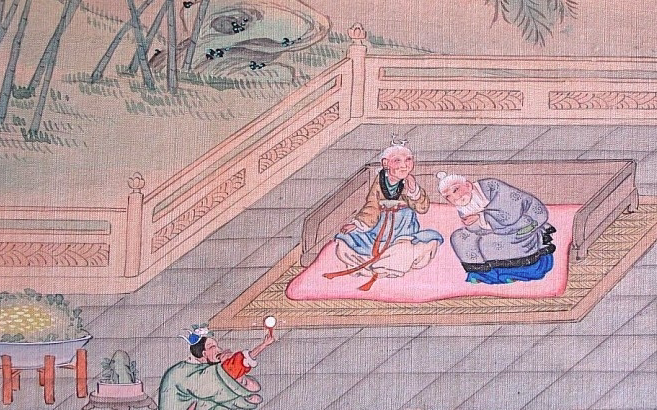 Une illustration d’un texte confucéen classique sur la piété filiale montre un fils divertissant ses parents âgés en prétendant être encore un enfant. Le vieillissement est naturel et vieillir en bonne santé est possible. (Artist Guo Jujing)