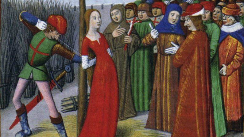 Jeanne d’Arc, tour à tour figure républicaine anticléricale ou sainte catholique. Miniature extraite des « Vigiles de Charles VII » (fin XVe). Wikimedia