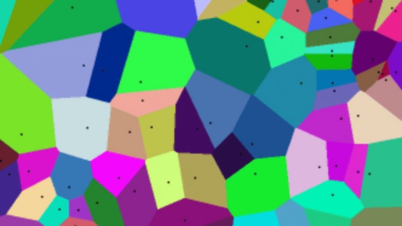Un diagramme de Voronoï : chaque cellule (surface colorée) représente la « zone d'influence » d'un germe (points noirs).
Maksim/Wikimedia, CC BY-SA
