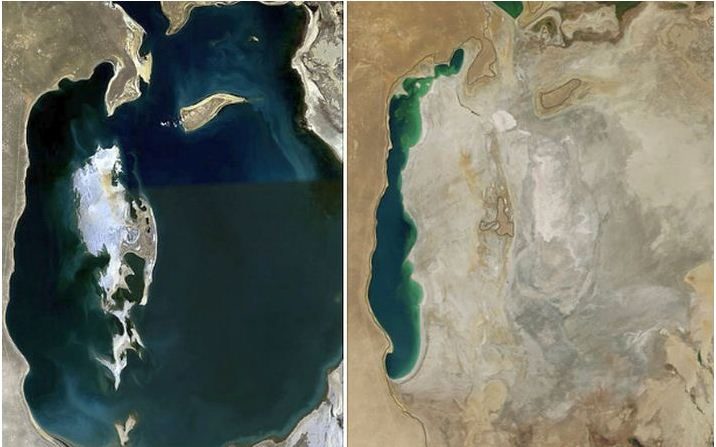Une comparaison de la mer d’Aral en 1989 (à g.) et en 2014 (à dr.). (photo de la NASA)