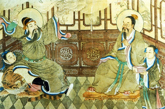 Représentation du XIXème siècle du grand médecin Sun Simiao (581 - 682) , assis sur un tigre.