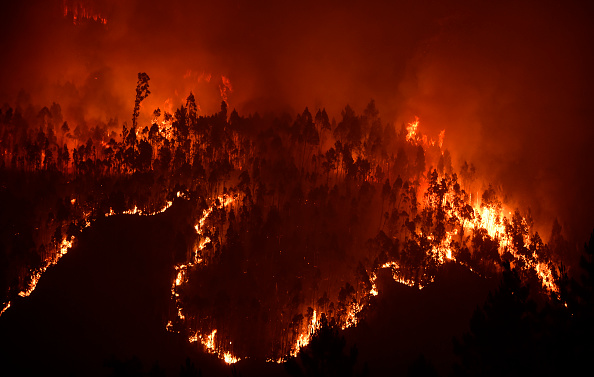 Une photo prise le 18 juin 2017 montre une forêt en flammes près du village de Mega Fundeira. Le feu, qui a éclaté le 17 juin dans le quartier de Pedrogao Grande, a tué au moins 62 personnes et blessé plus de 60. Le gouvernement a décrété trois jours de deuil national. (Miguel Riopa/AFP/Getty Images)