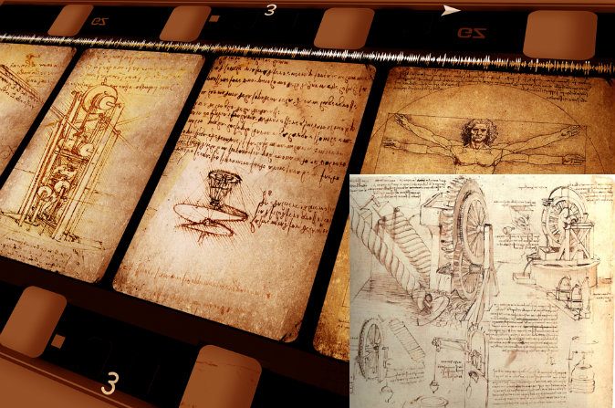 Contexte: art vintage montrant les dessins de Léonard de Vinci. (Shutterstock *) En bas à droite: Dessin des dispositifs d'élévation de l'eau de Leonard De Vinci. (Sailko via Wikimedia Commons)