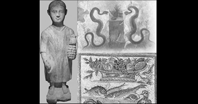 Trois représentations datant de l'époque romaine comportant un ananas. La statue à gauche date du 3e siècle avant notre ère. Elle se trouve maintenant au musée d'art et d'histoire de Genève. La fresque dans le coin supérieur droit vient de la « Casa dell'Efebo » de Pompéi et dans le coin en bas à droite, une mosaïque de l'époque d'Auguste, située au musée national de Rome. (Lucio Russo)