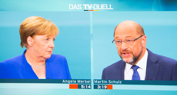 Angela Merkel et Martin Schulz lors du débat télévisé du 3 septembre.  (Omer Messinger/Getty Images)