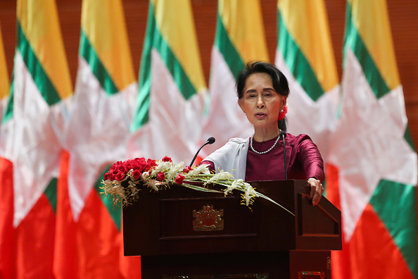 September 19, 2017.
Aung San Suu Kyi prononce un discours le 19 septembre 2017. (YE AUNG THU/AFP/Getty Images)