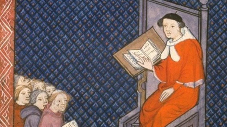 Illustration du XIVᵉ siècle, où l'on voit Barthélémy l'Anglais, franciscain très docte venu d'outre-Manche donner un cours à la faculté de médecine de l'université de Paris. (BnF)