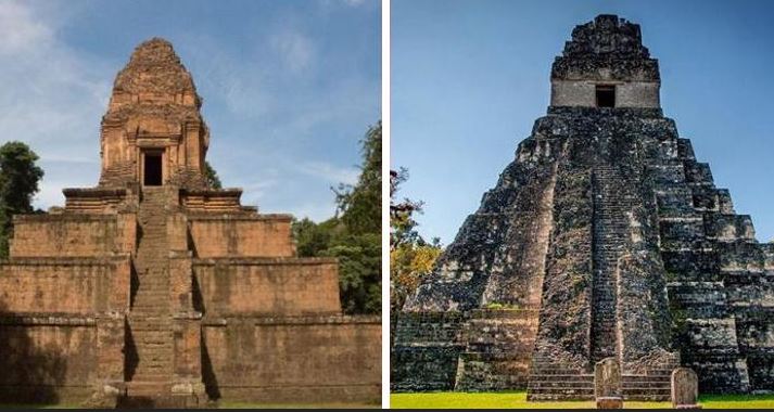 La pyramide de Baksei Chamkrong au Cambodge (à gauche) et la pyramide de Guan Jaguar au Guatemala (à droite).