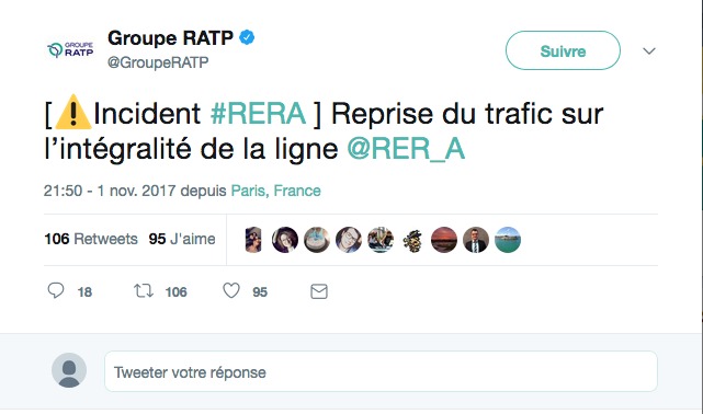 La RATP a tweeté que le trafic reprenait sur la ligne du RER A.
(R.B)