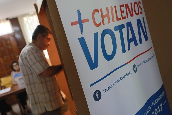 Les citoyens chiliens se préparent à voter à l'ambassade du Chili à Managua, le 19 novembre 2017, lors de l'élection présidentielle de leur pays. C'est le premier sondage dans l'histoire du pays qui inclut des citoyens expatriés, avec environ 40 000 Chiliens sur les quelque 850 000 personnes vivant à l'étranger qui devraient voter. Les Chiliens se sont rendus aux urnes au premier tour de l'élection présidentielle du pays, l'ancien dirigeant Sebastian Pinera espérant capitaliser sur son statut de favori pour succéder à la leader socialiste Michelle Bachelet.
(INTI OCON / AFP / Getty Images)