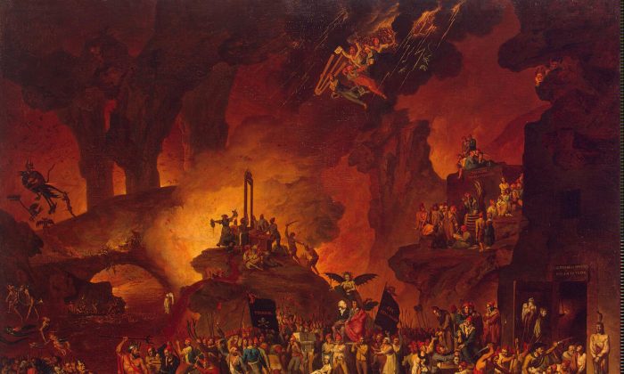 Une peintre du XVIIIe siècle montrant les horreurs de la Terreur durant la Révolution française, qui est représenté comme une scène en enfer. (Nicolas-Antoine Taunay, "Le Triomphe de la guillotine")