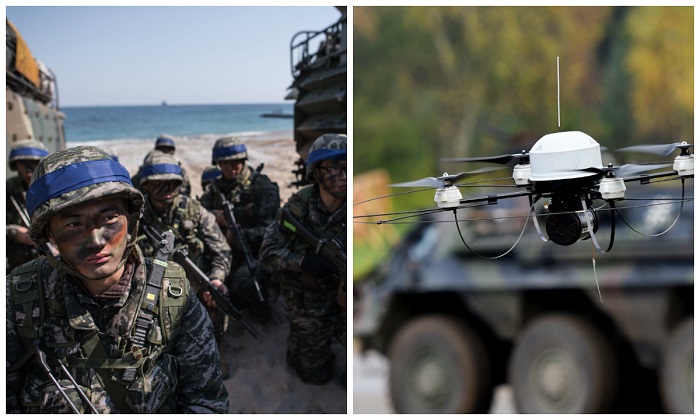 G : Soldats sud-coréens lors d'un exercice à Pohang, sur la côte sud-est de la Corée du Sud, le 12 mars 2016. (Ed Jones/AFP/Getty Images) D : Le « Mikado », un drone de reconnaissance, des forces armées allemandes. (Patrik Stollarz/AFP/Getty Images)