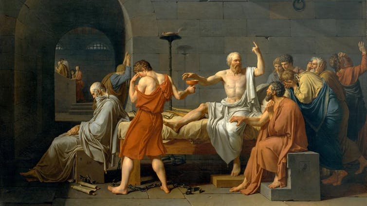 Jacques-Louis David, « La Mort de Socrate » (1787), conservé au Metropolitan Museum of Art de New York.. (Wikipedia)