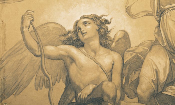 Détail de « Folie conduisant le char d’Amour », 1848, Giuseppe Bezzuoli (1784–1855) Charbon de bois, lavis gris, surligné de blanc, sur quatre feuilles de papier brun clair environ 3,35m par 4,80m (Christie's).