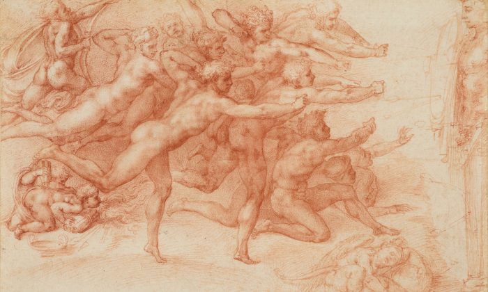 Archers tirant à un Herm,1530-33 par Michelangelo Buonarroti (Italien, Caprese 1475-1564 Rome). Dessin, sanguine.  environ 22 cm/32,2 cm. (FIDUCIE COLLECTION ROYALE / SA MAJESTÉ REINE ELIZABETH II 2017)