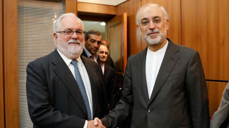 Le vice-président iranien et chef de l'Organisation iranienne de l'énergie atomique, Ali Akbar Salehi, salue Miguel Arias Canete, commissaire à l'énergie de l'Union européenne, lors d'une réunion à Téhéran le 19 mai 2018. 
Photo STR/AFP/Getty Images)