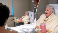 Une grand-mère malade prend plaisir à déjeuner, mais surveillez sa réaction lorsqu’une femme entre dans la chambre d’hôpital