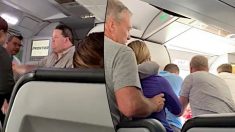 Un passager ouvre la porte d’un avion à bord d’un vol à destination des États-Unis