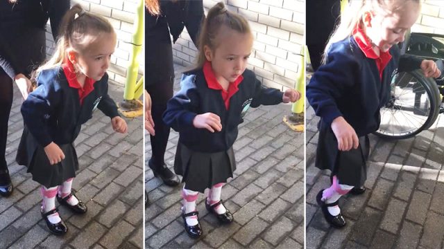 Une enfant de 4 ans atteint de paralysie cérébrale fait ses premiers pas sans aide le premier jour d'école