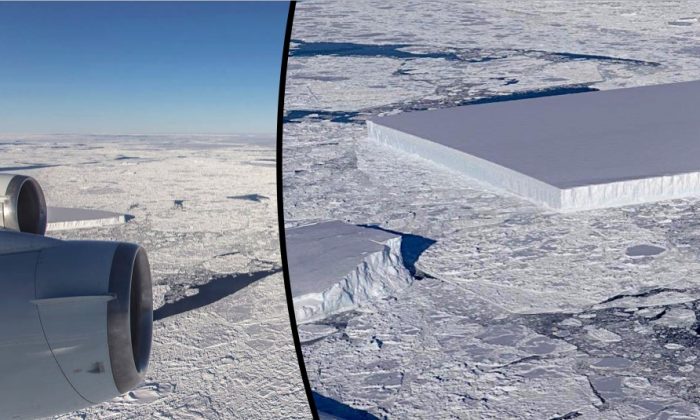 Une mission de la NASA pour étudier les icebergs a pris des photographies d'un iceberg rectangulaire aux caractéristiques très régulières, le 18 octobre 2018. (Jeremy Harbeck/NASA)