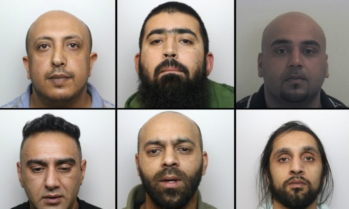 Six hommes reconnus coupables d'abus sexuels sur des mineures à Rotherham. En haut, de gauche à droite : El-Hakam, Akhtar, Asif Ali, et en bas, de gauche à à droite : Kurshid, Yousaf, Tanweer Ali. (National Crime Agency)