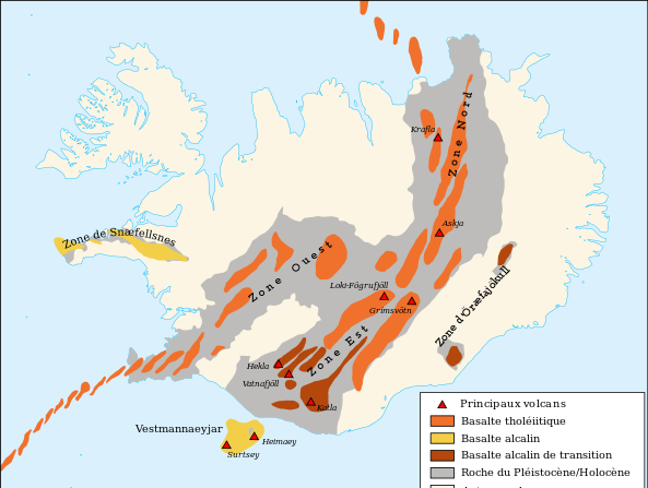 -Carte du système volcanique d'Islande. Wikipedia auteur Pinpin