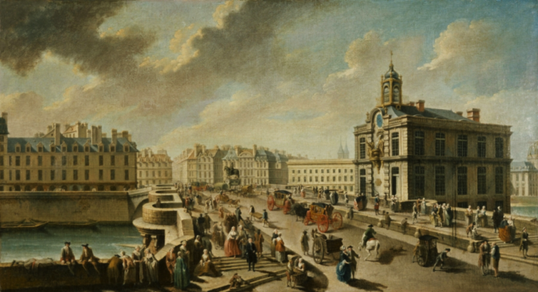 
« Le Pont-Neuf et la Pompe de la Samaritaine, vu du quai de la Mégisserie », peinture de Nicolas Raguenet (vers 1750-1760). (Musée Carnavalet)