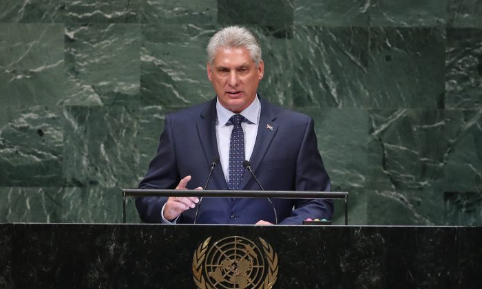 Le président cubain Miguel Diaz-Canel Bermudez s'adresse à l'Assemblée générale des Nations unies à New York, le 26 septembre 2018. (John Moore/Getty Images)