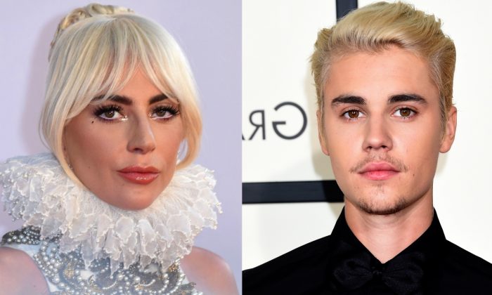 Lady Gaga à la première de "A Star is Born" à Londres, le 27 septembre 2018. (Anthony Harvey/ AFP/Getty Images) et Justin Bieber au 58e Grammy Awards à Los Angeles, le 15 février 2016. (Jason Merritt/Getty Images)
