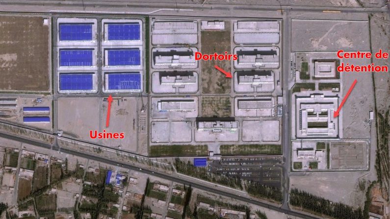 Image satellite d'un "centre de formation professionnelle" dans le canton de Hejing, Xinjiang, dont la construction a commencé début 2018. (Nathan Ruser/ASPI) 
Les usines à gauche et les centres de détention à droite