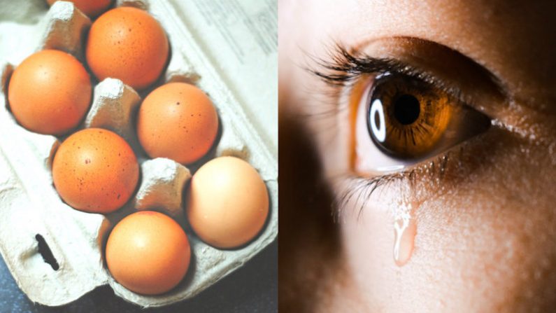 G : Sept œufs bruns sur plateau (Bonjour, je suis Nik/Unsplash) D : gros plan de l'œil humain avec des gouttes de larmes. (Aliyah Jamous/Unsplash)