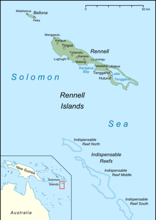 -Rennell est l’île la plus australe de l'archipel des Salomon. C’est le plus grand atoll corallien surélevé du monde avec ses 86 km de long et 15 km de large. Wikipédia photographe Lencer.