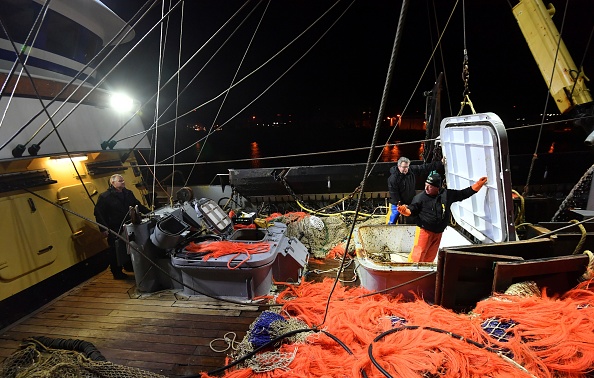 -Les pêcheurs déchargent leurs prises du bateau de pêche néerlandais Klasina à Den Helder, dans la province néerlandaise de la Hollande-Septentrionale, le 15 février 2019. Depuis des décennies, les pêcheurs néerlandais de l'île isolée de Texel, située au nord du pays, sont autorisés de pêcher dans les eaux britanniques. Photo par EMMANUEL DUNAND / AFP / Getty Images.