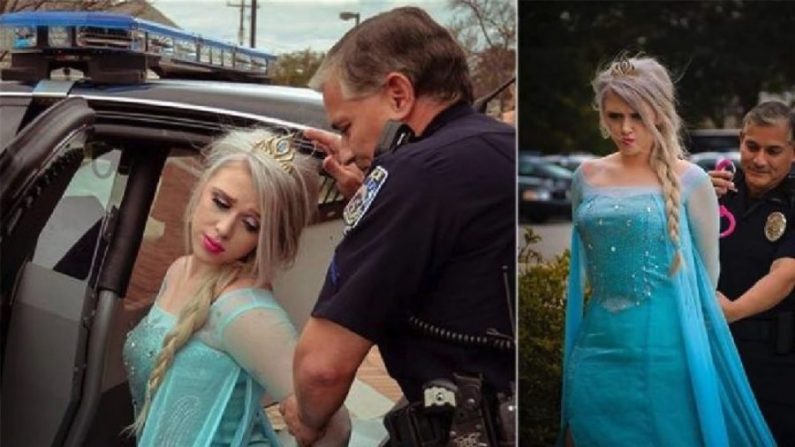 Le service de police de McLean a affiché des photographies d'agents qui prétendent arrêter le personnage de Disney « Elsa » du film Frozen, comme une façon apparemment humoristique de souligner la vague de froid du vortex polaire. (Service de police de McLean)
