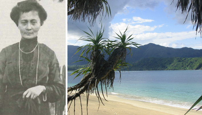 Photo de gauche : la reine Salima en 1920 (crédit : La Presse de Gray/Wikimedia) - Photo de droite : une plage de Moheli dans l'archipel des Comores (crédit : Daryl Wallace/flickr)